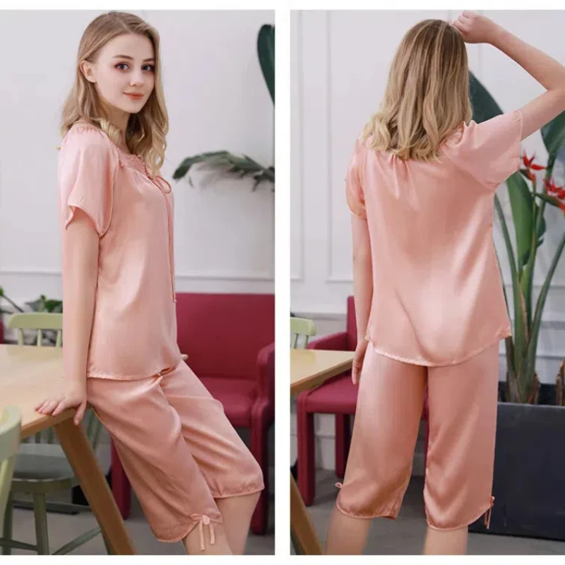 100% Mulberry Silk T-Shirt Shorts Sleepwear Sexy Lace Short Sleeves Pants Two-Piece Set Summer Ladies Short Pajamas Homewear Set