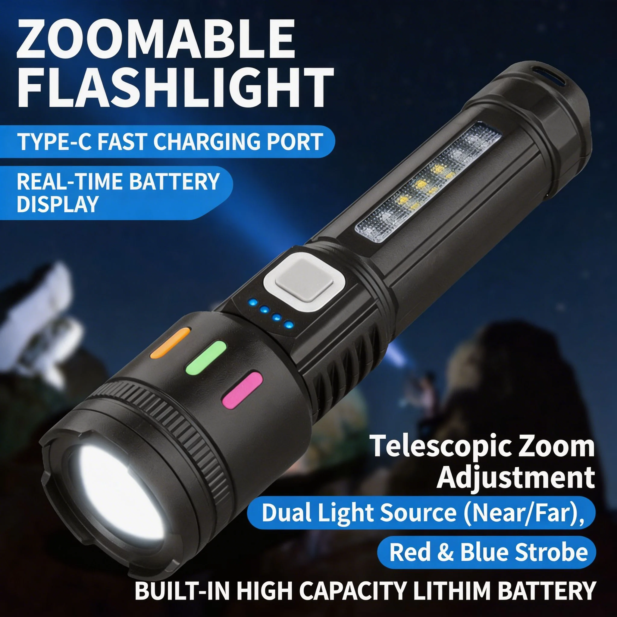 Laser LED Flashlight Rechargeable Portable Digital Display Zoomable High Power Super Bright Long Range Outdoor Emergency Torch