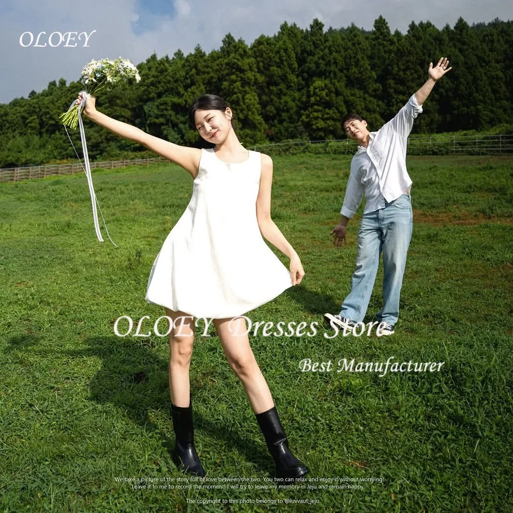 OLOEY اطلاق النار بسيط س الرقبة الساتان بلا أكمام فستان الزفاف الكورية فستان زفاف قصير فستان جنية فستان حفلة موسيقية بسيط صغير #1