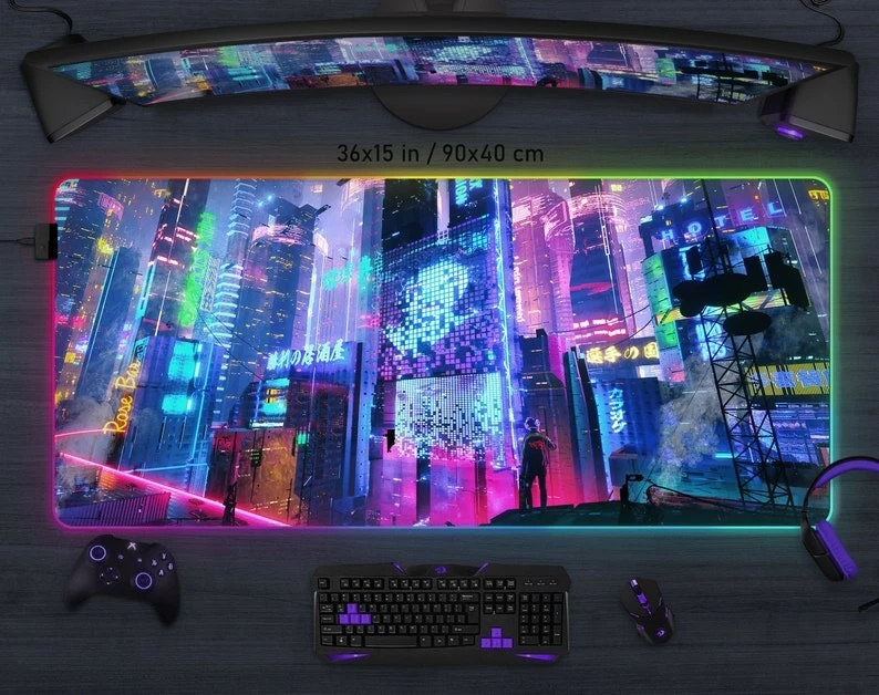 베이퍼웨이브 게이밍 데스크 매트 RGB LED 마우스패드 시티 네온 사인 일본 애니메이션 빅 XL 데스크매트 마우스 패드 대형 XXL 테이블 게이밍 PC