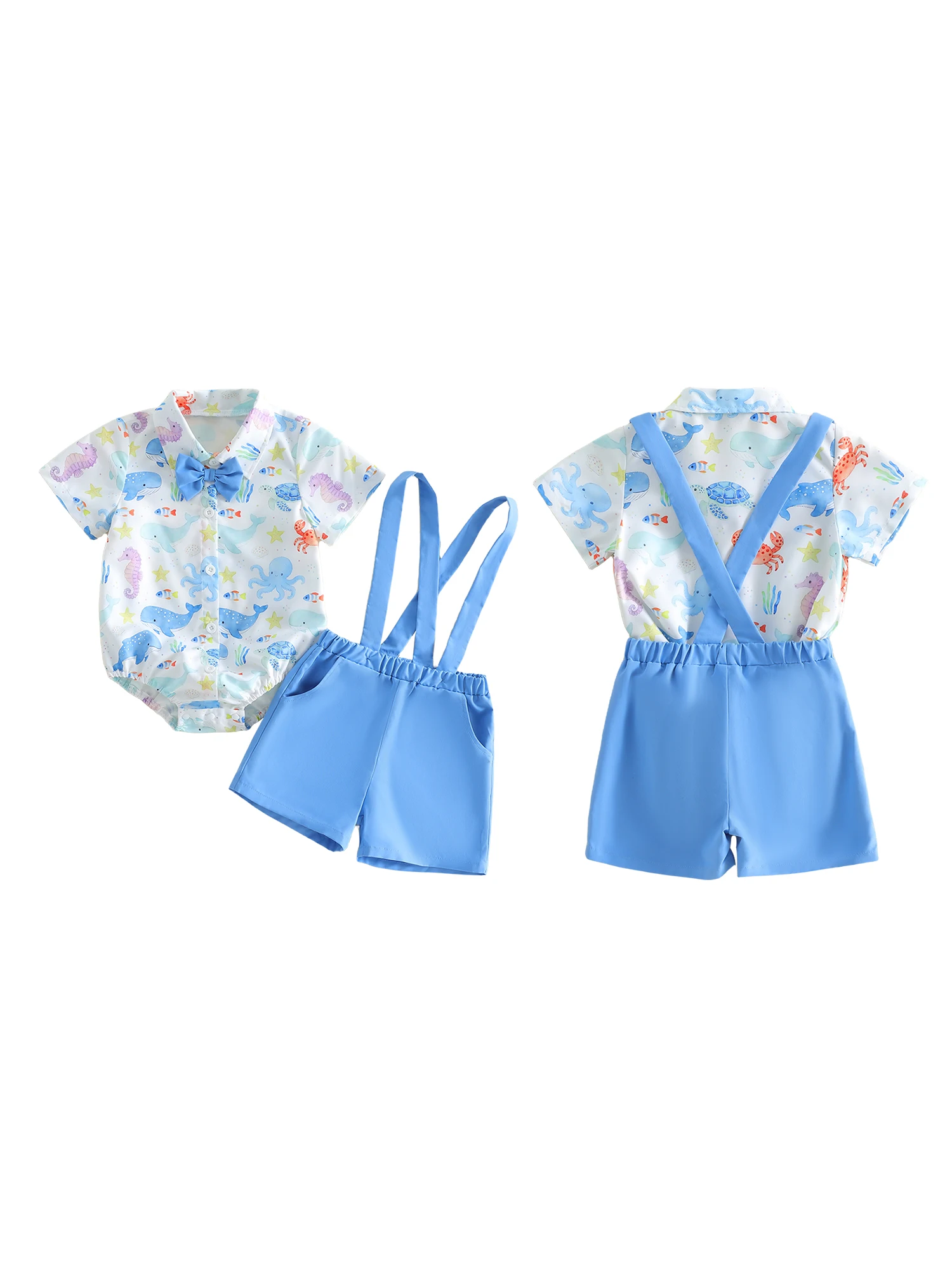 

Adorable Toddler Boy 2 Piece Clothing Set with Fun Safari Animal Print Short Sleeve Shirt and Khaki Suspender Shorts
