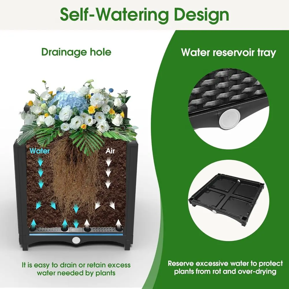Grand lit de jardin vertical en plastique noir avec serre, treillis et système d'arrosage automatique pour tomates et plantes grimpantes