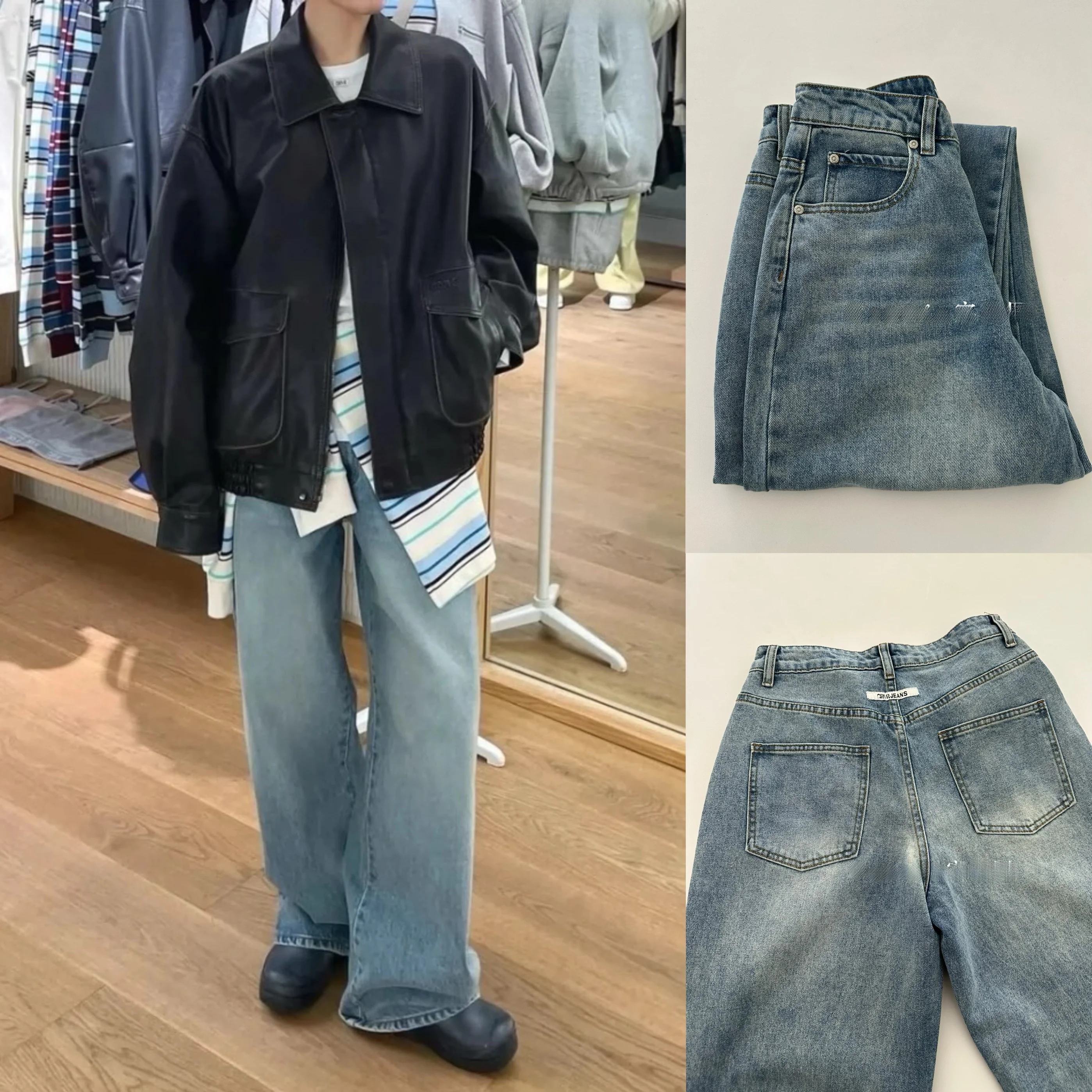 

Spring 2025 High Waist Straight Leg Jeans ex Loose Fit Casual Versatile Korean Sle Long Pants Denim Blue Casual Jeans