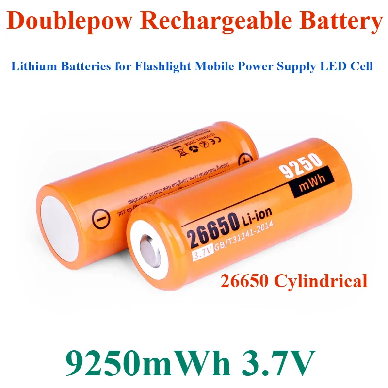 

Lithium Batteries for Flashlight Mobile Power Supply LED Cell Doublepow Rechargeable Battery 26650 Cylindrical 9250mWh 3.7V