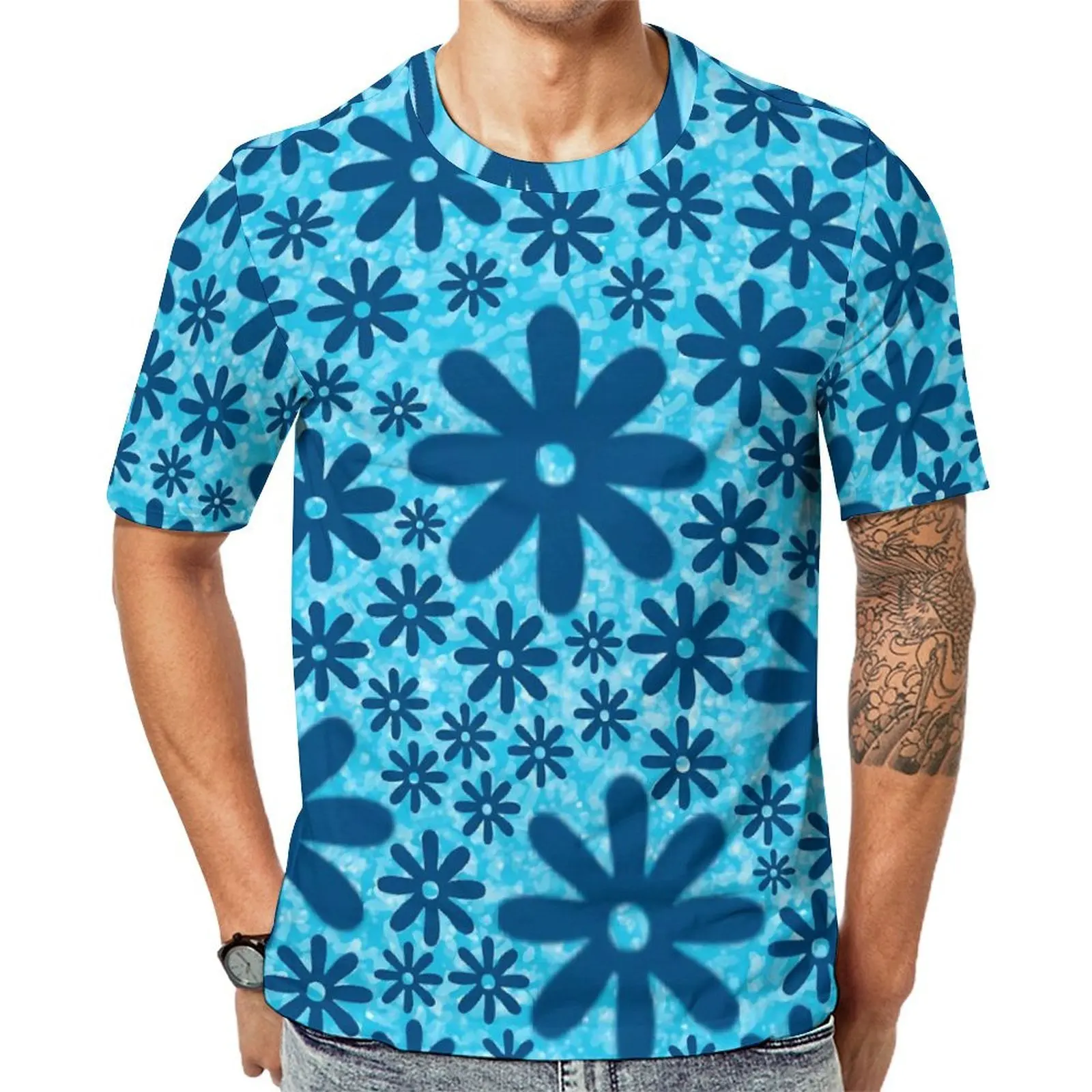 Blue Daisy Print T-Shirt Retro Flowers Fashion T-Shirts Man Funny Tee Shirt Summer Short-Sleeved Design Tops Large Size