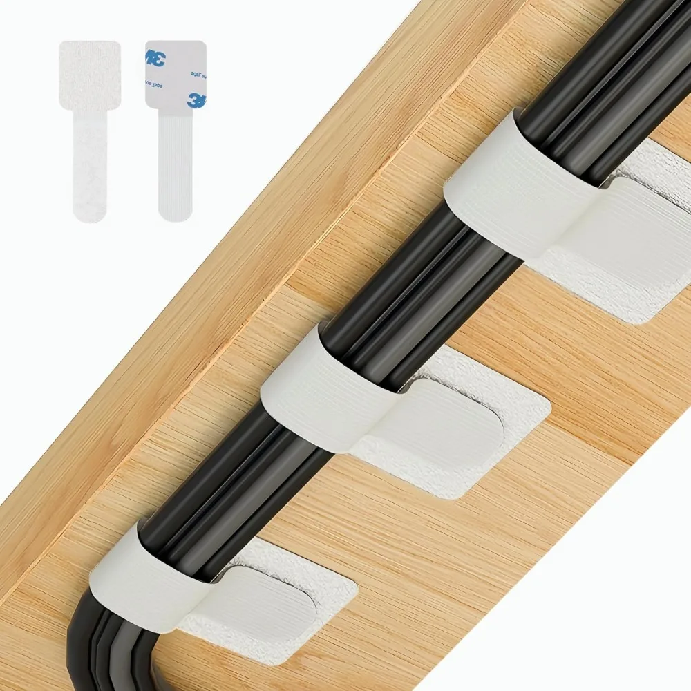 50pasHook and Loop Cable Ties, Under Desk Cable Management, Self Adhesive Cable Clips Straps, Sticky-Back Cord Organizer, Wire O