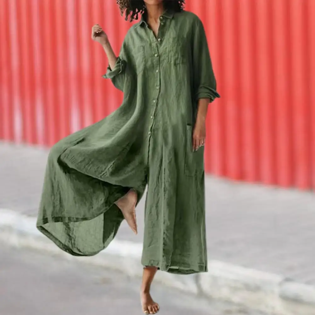 Ladies Jumpsuit Button Closure Ladies Wide Legs Pants Long Romper Cotton Linen with Pocket Women Jumpsuit Dating Wear