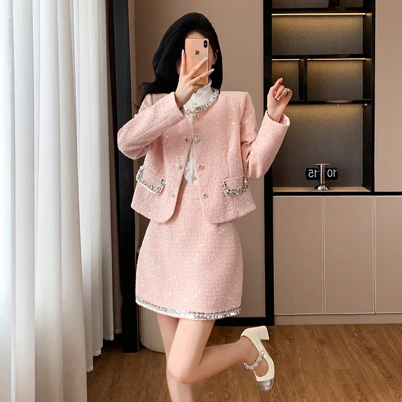 Elegant Suit Set for Women Female Office Lady, 2024 New Autumn High-end Quality Noble Lady Pink Jacket and Skirt Two-piece Set