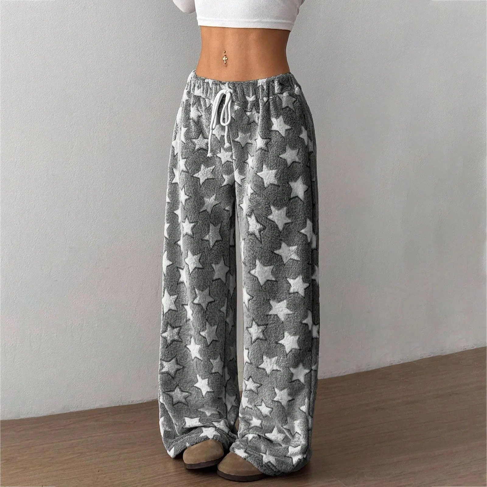 Women's Winter Sleepwear Casual Home Pants Thicken Warm Star Print Flannel Pants Plush Pajama Bottoms Coral Fleece Lounge Wear