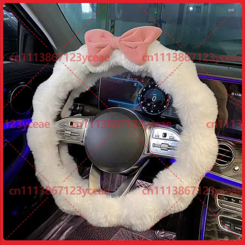 Cute Bow Plush Car Steering Wheel Cover 38cm Universal Winter Warm Fuzzy Steering Wheel Protector