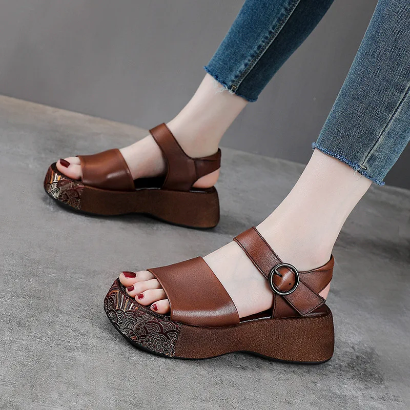 Koznoy 4.5cm Silk Cow Genuine Leather Woman Shoe Cow Skin Luxury Platform Wedge Sandals Summer Shoes Hook Pumps Casual Leisure