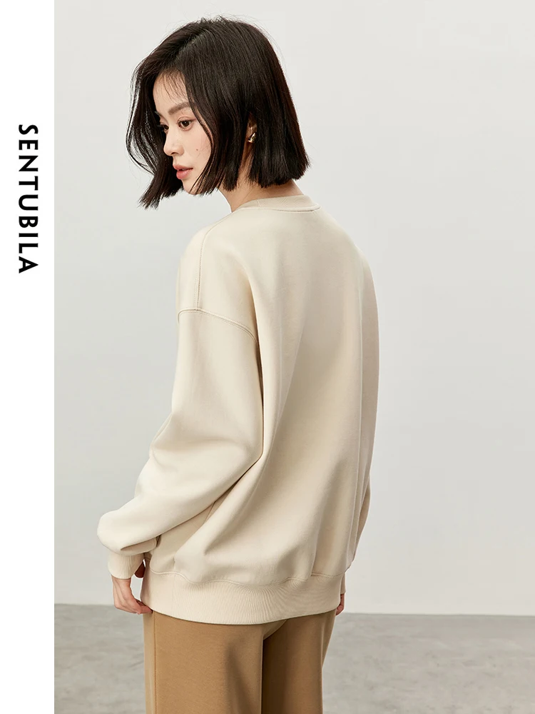 SENTUBILA Cotton Print Knit Sweatshirts for Women 2024 Autumn Casual Loose O Neck Long Sleeve Simple Comfort Women Top 143A57221