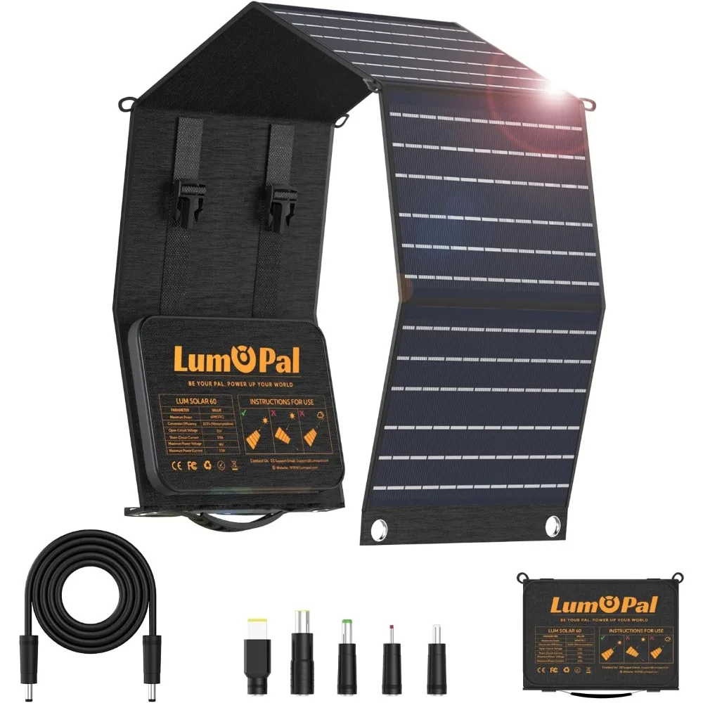 60W Foldable Solar Panel Charger by LUMOPAL - Portable, Waterproof, with PD60W USB-C and QC3.0 USB-A Outputs