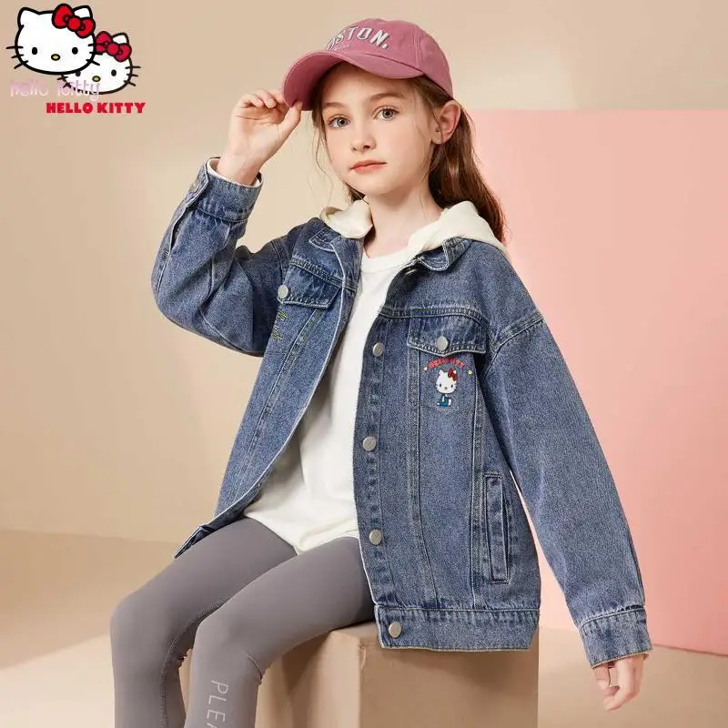 

Съемная шапка Hello Kitty для девочек, кавайная джинсовая куртка, новая студенческая одежда с героями мультфильмов Sanrio, модная куртка, топы в корейском стиле