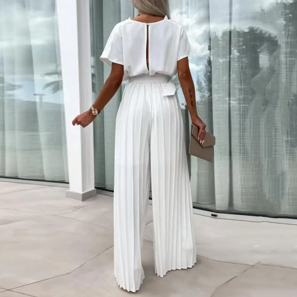 Short Sleeve Jumpsuit Formal Occasion Jumpsuit Elegant Women's Wide Leg Jumpsuit with Belted Waist Pleated Collar for Formal