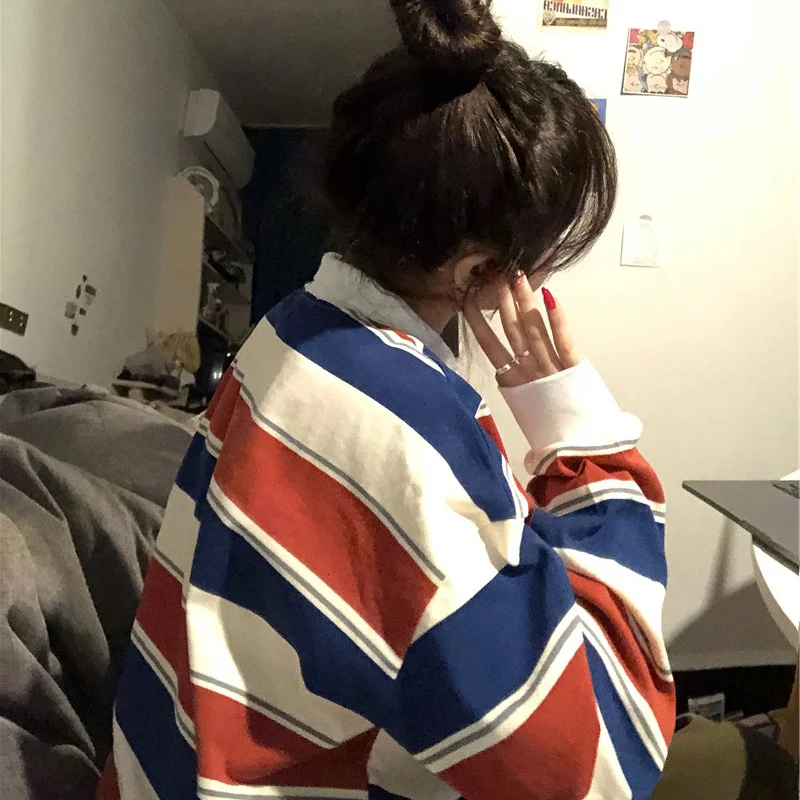 ファッションミックスカラーストライプスウェット女性ポロ襟長袖プルオーバー女性のためのルーズレターパターンプルオーバー Mujer