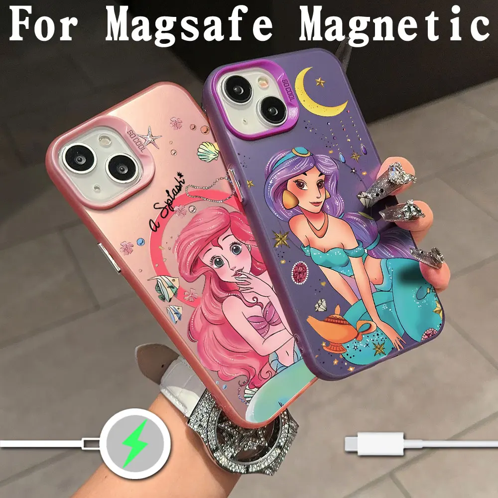 Funda de teléfono magnética para IPhone, carcasa chapada de Ariel, Tiana, Bella, Disneys, princesa Magsafe, 11, 12, 13, 14, 15, 16 Pro Max Plus