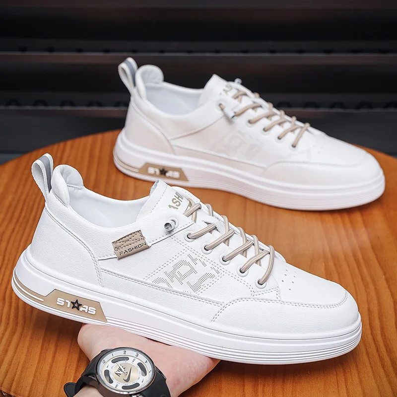 Casual sports small white shoes 2024 new Korean version of Men's leather anti-skateboard shoes elastic foot shoes