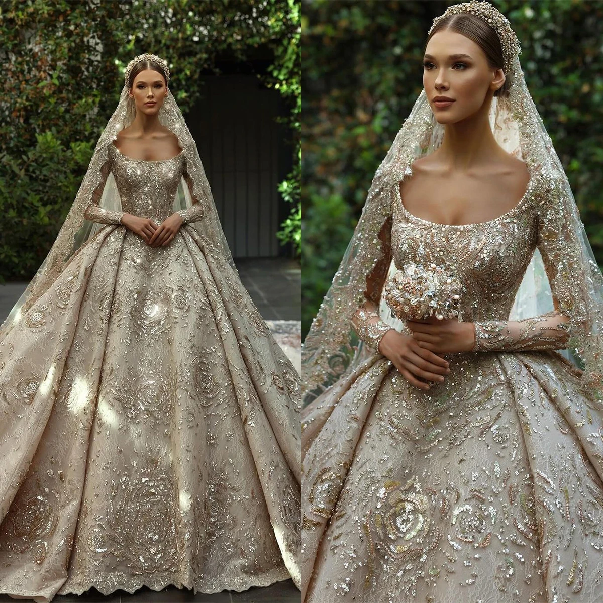 Luxury Wedding Dresses Sequins Beading Bridal Gowns Long Sleeves Cathedral Train Custom Made Robes De Mariéeede