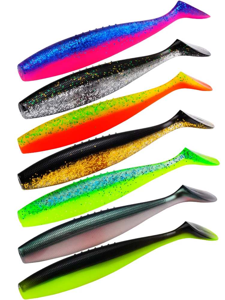 Sunlure 4 Stück/Beutel T-Tail Paddle Weichköder Künstlicher Silikon-Glitzer-Swimbait 14,5/17,5 cm Weichköder für Bass-Salzwasserfischen Pesca