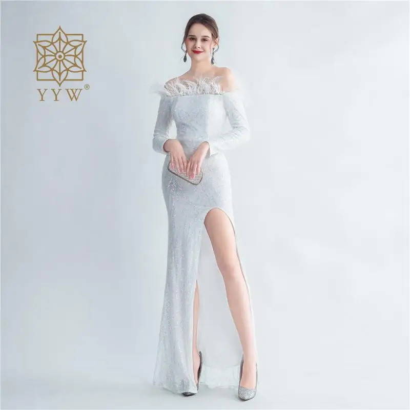 

Winter New Off Shoulder Long Mermaid Dress For Women Female White Velvet Side Split Glitter Evening Gown Crystal Wedding Vestido