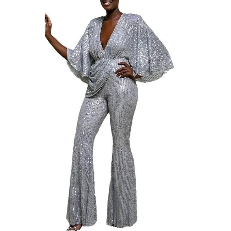 セクシーなディープ V Bal ロングパンツスーツスパークリング女性の Faion ローウエストポリエステル生地春シーズン新到着