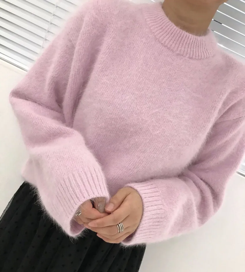 Chic Korean Fashion Women Round Collar Soft Mohair Knitted Pullover Autumn Winter Mink Cashmere Thick Warm Loose White Sweater