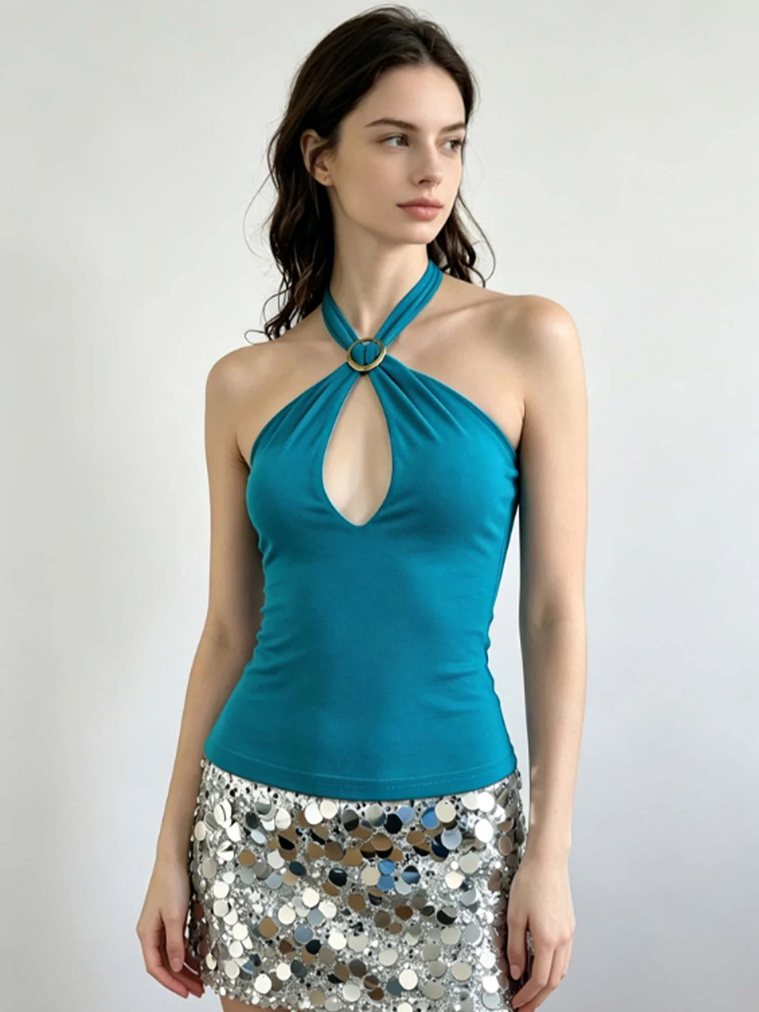 Women's Blue Hollow-out Halter Cami Top Y2K Gyaru Vacation Style Vintage Slim Off Shoulder Sleeveless Backless Top Summer 2026