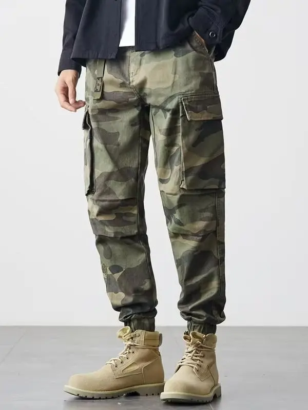 

American Sle Men's Loose Fit Cargo Pants Autumn High Waist Trousers with Multiple kets Cuffed Casual Long Pants