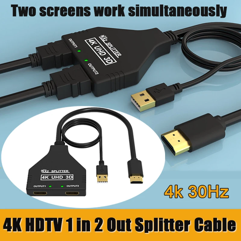 For HDMI Splitter 1 in 2 Out  4K@30hz HDTV Splitter 1 Source to 2 Displays at The Same Time for Dual Monitors Display Screens