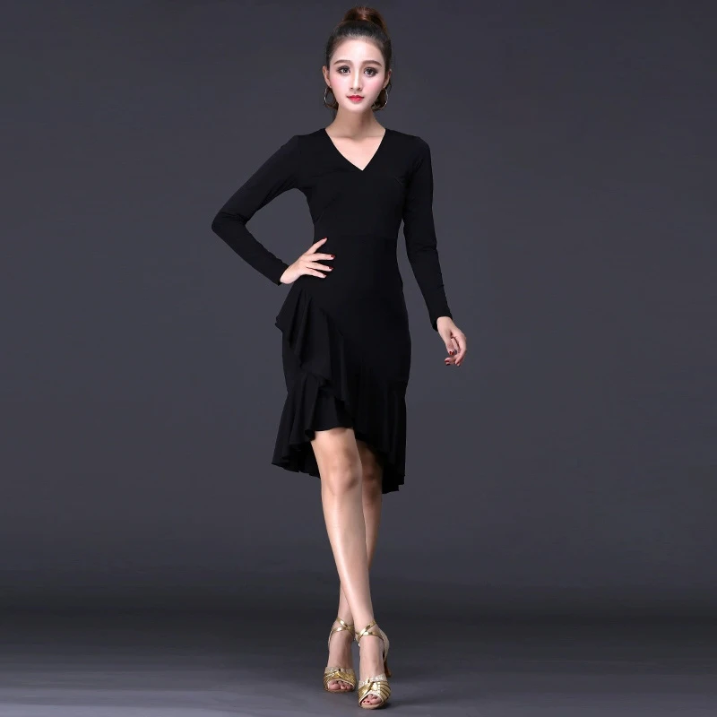 Large Size Latin Dress Dance Female Spring and Summer New Sexy Slim Short Sleeve V-neck Line Dance Clothing Lotus Skirt Dress