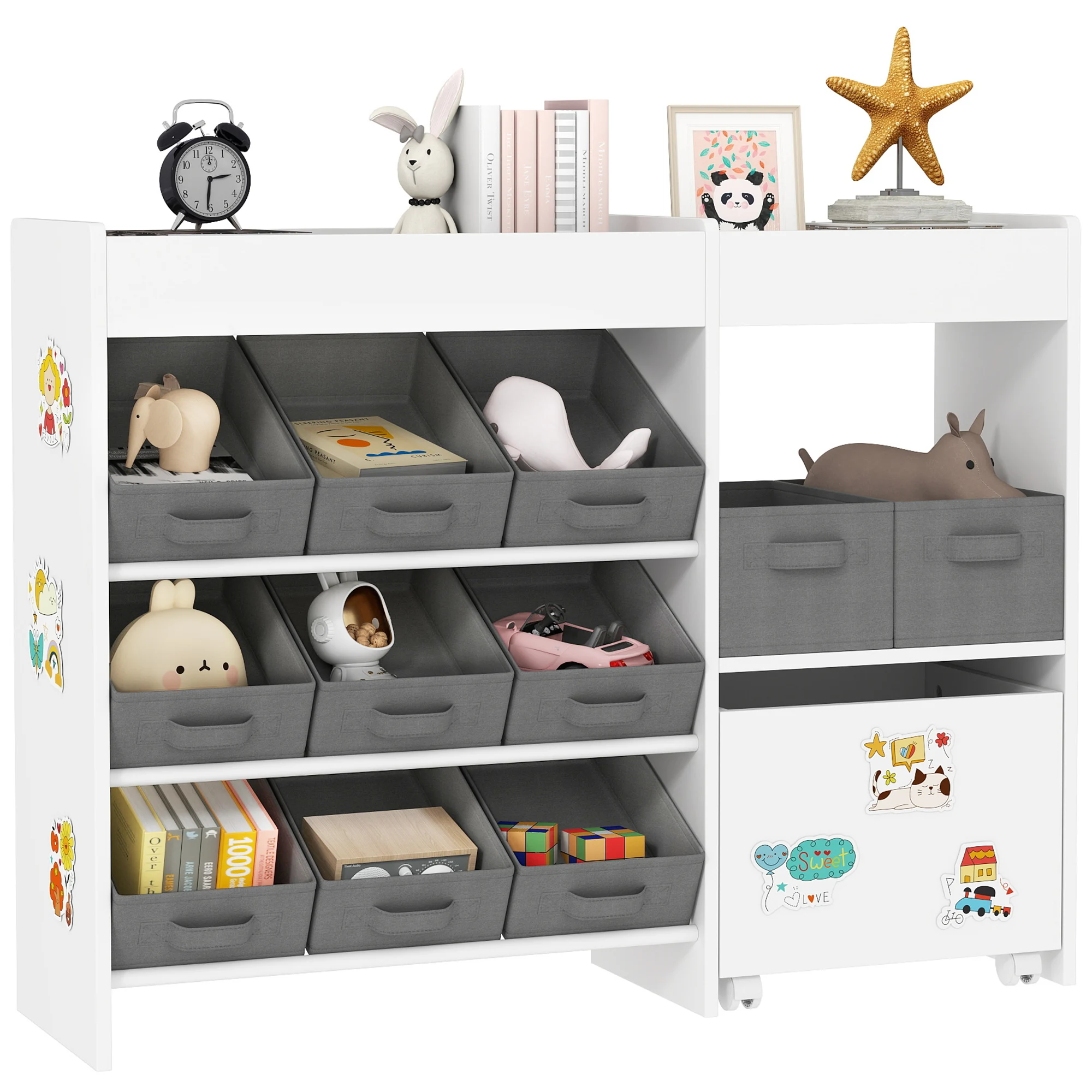 Scaffale portaoggetti AIYAPLAY per bambini con 11 contenitori in tessuto e un mobiletto su ruote, x 30x80cm, Bianco