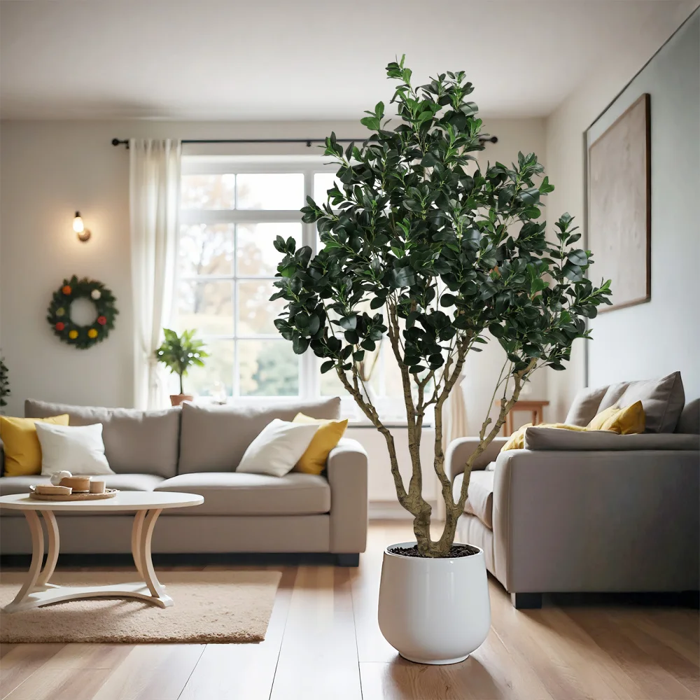 Árbol Artificial de Seda de 7.2 Pies, Planta Artificial Grande con Hojas Realistas para Interiores, Hogar, Sala de Estar, 1 Pieza/Juego, Maceta de Plástico Negra