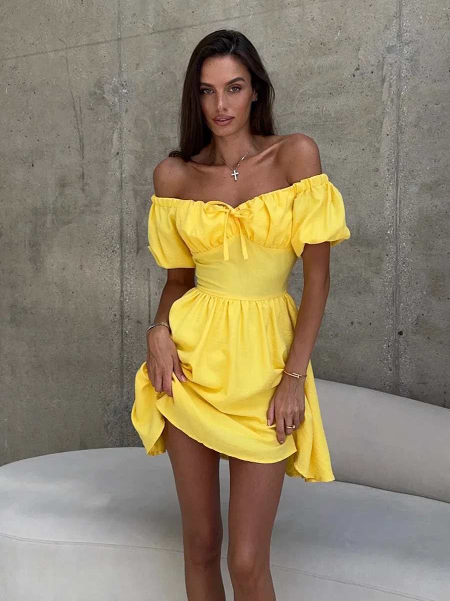 Blubelle One Shoulder Short Sleeved Dress Women's Summer New Lace Up Waist Cinching Short Skirt Fashion Bubble Sleeve Dress