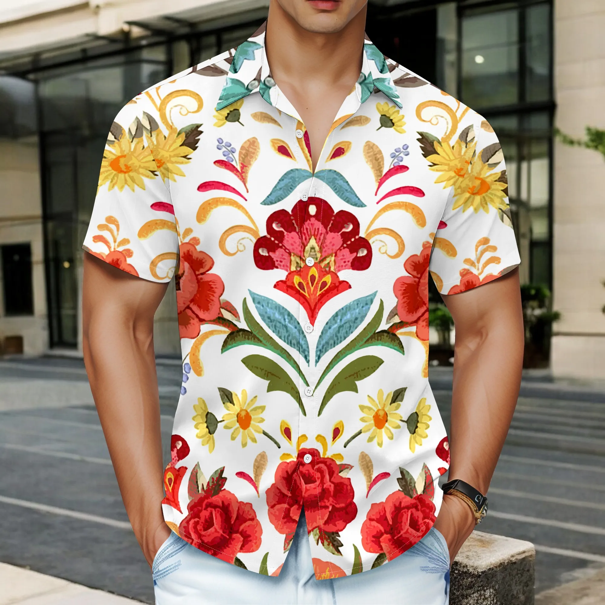 

YEAE Symmetric Floral Pattern Shirt for Men Summer Casual Short Sleeve Top