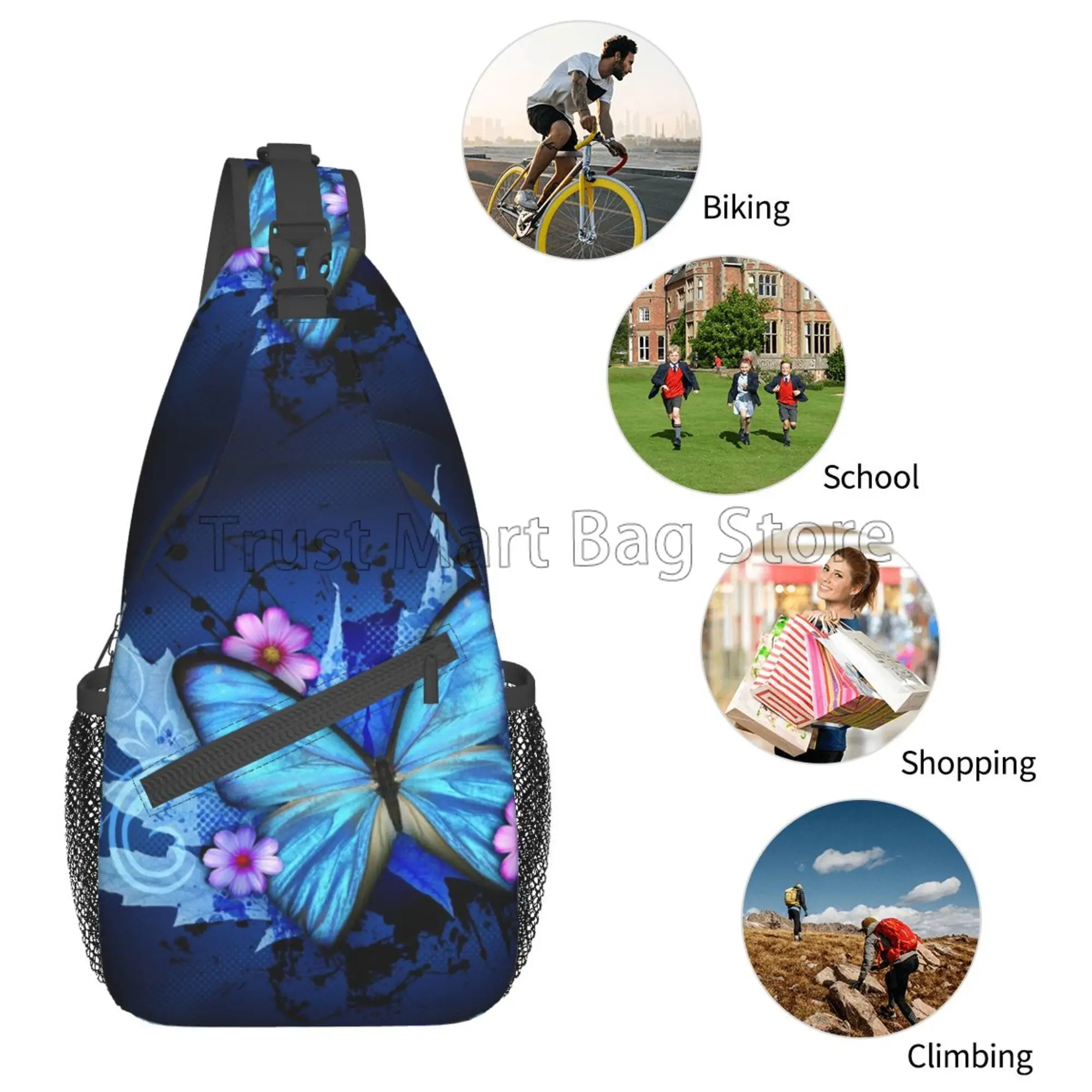 Purple Blue Butterfly Print Chest Bags Crossbody Sling Bag Travel Hiking Backpack Casual One Shoulder Daypack for Women