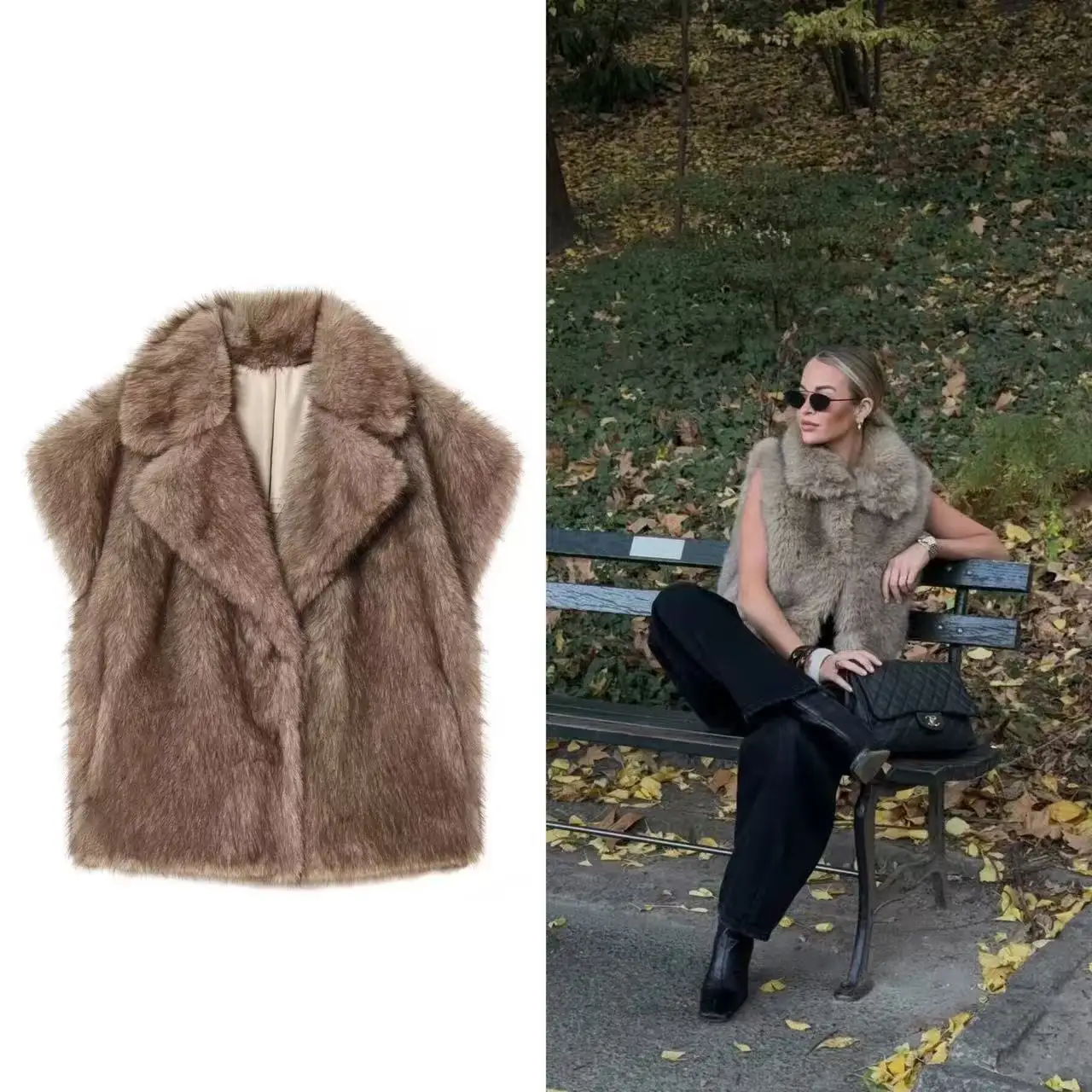 Guobioziy2026 Chaleco sin mangas de piel sintética marrón para mujer con cuello vuelto, estilo urbano y de fiesta, para otoño/invierno, chaleco para capas