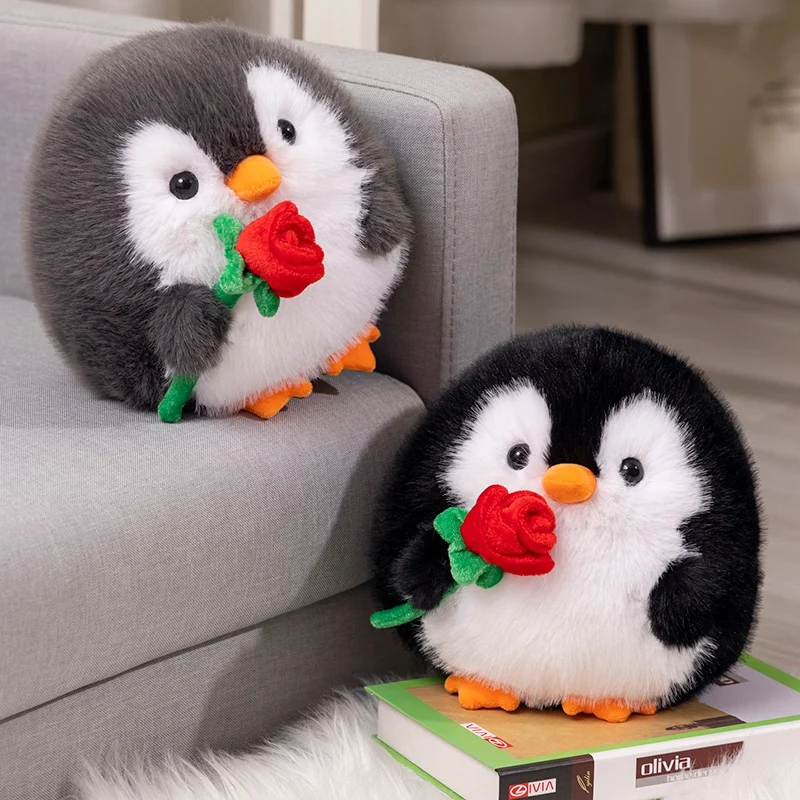 20cm Ball Penguin Pillow Stuffed Long Plush Kawaii Animal Grey Black Cartoon Plushie Peluche Holding Red Rose Flower Gift