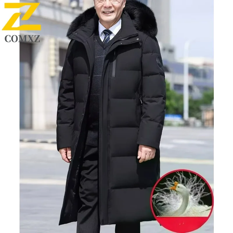 

COMXZ Long Down Jacket Mens Winter Korean Style Detachable Fur Collar Cap White Duck Down Warm Coat Brand Lightweight Parka