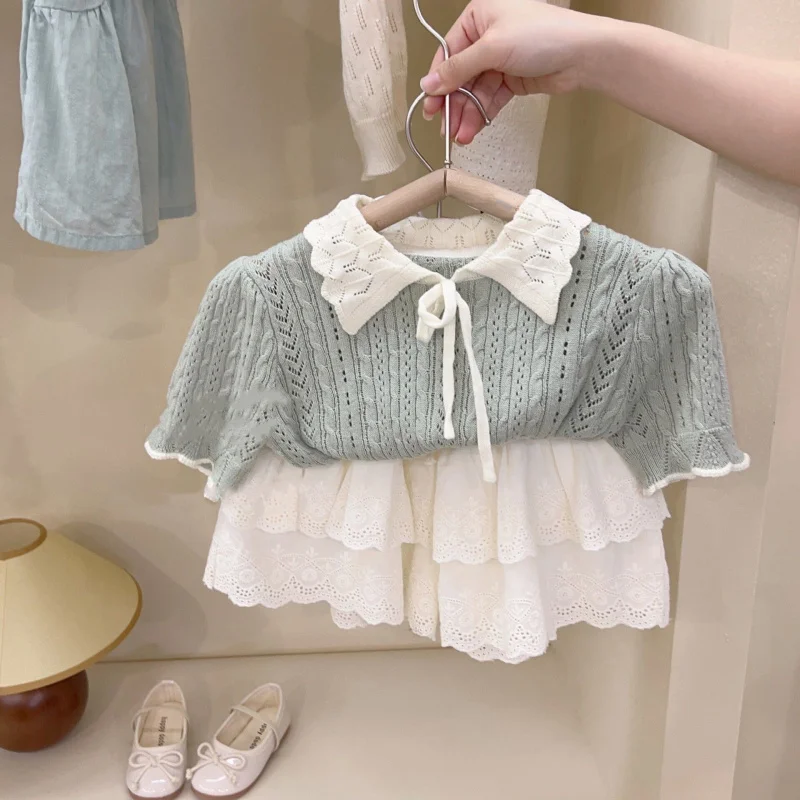 

Girls' Summer Suit2024New Baby Girl Summer Fashionable Knitted Short Sleeve Fashionable Lace Shorts Two-Piece Set