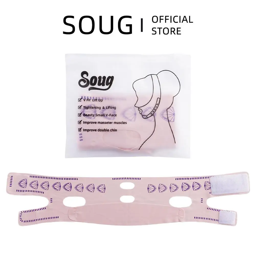 SOUG 通気性Vフェイスバンド 頬の肉を減らす 二重あご解消 フェイスリフトアップ 細顔マスク Vラインシェイプバンド シワ防止フェイスツール