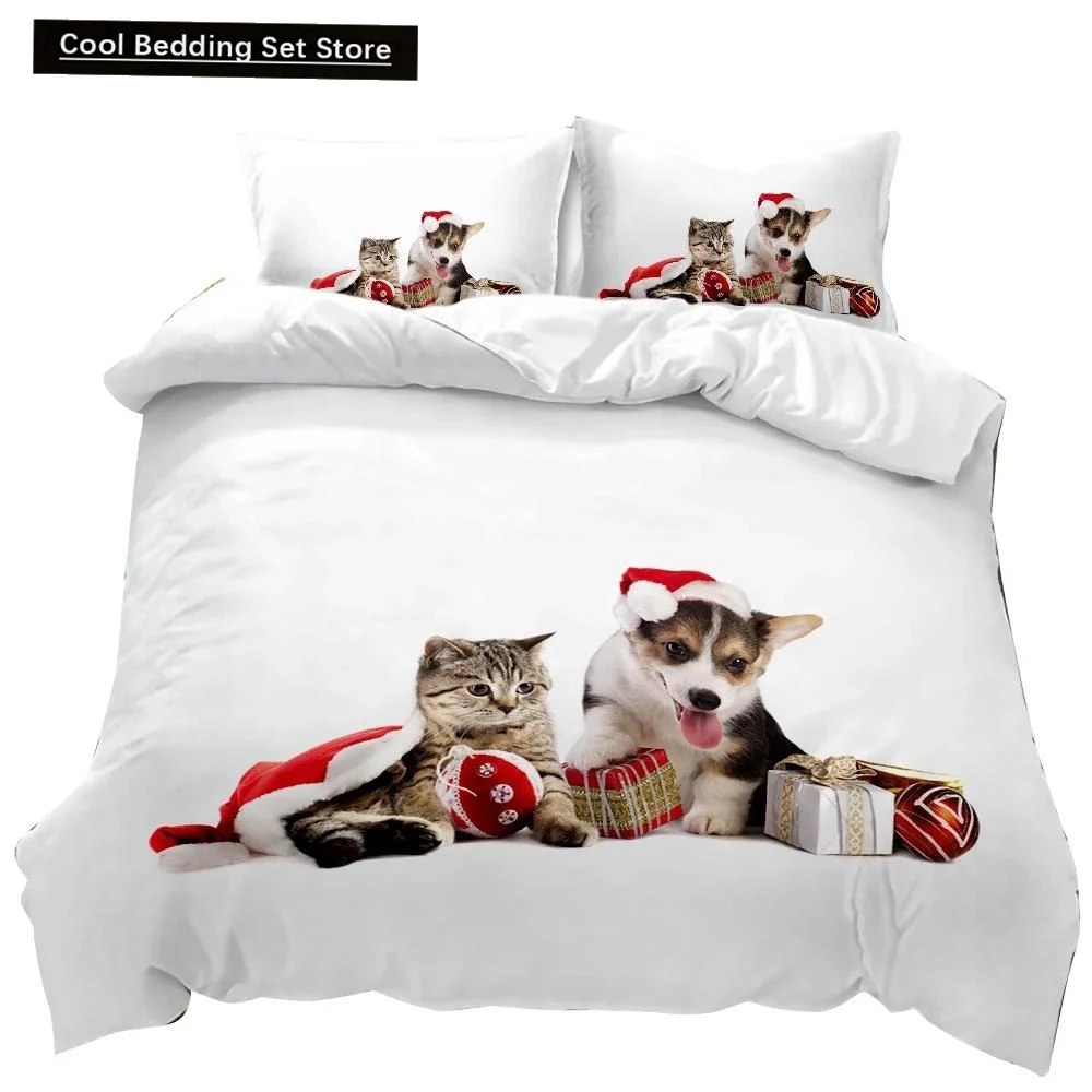 

Cat Duvet Cover Cats and Dogs Play Christmas Animal Pet Bedding Set for Kids Teens Double Queen King Size Polyester Qulit Cover