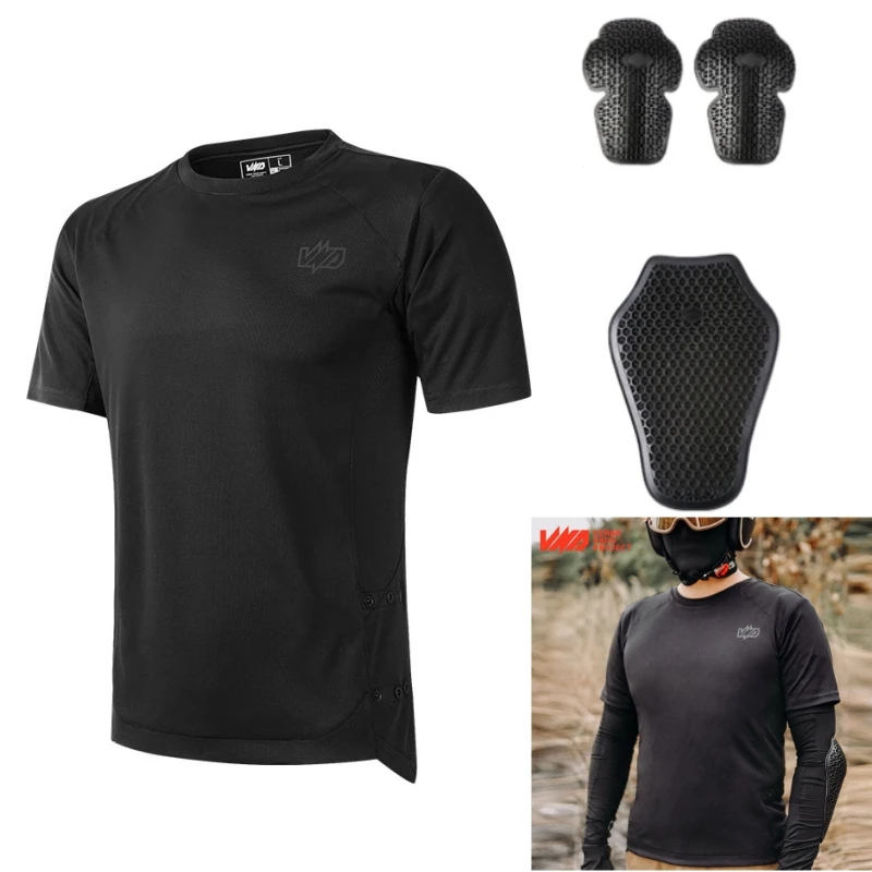 

Футболка из ледяного шелка с короткими рукавами и круглым вырезом для мотоциклистов, встроенная защита спины, подплечники, мужская летняя футболка