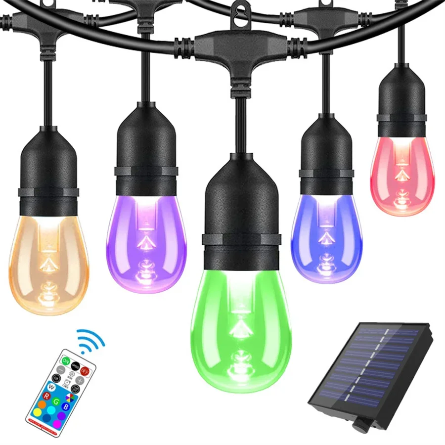 Outdoor RGB Solar String Light Dimmable S14 Patio Christmas Holiday Lighting With Remote Commercial Solar Fairy Garland Light