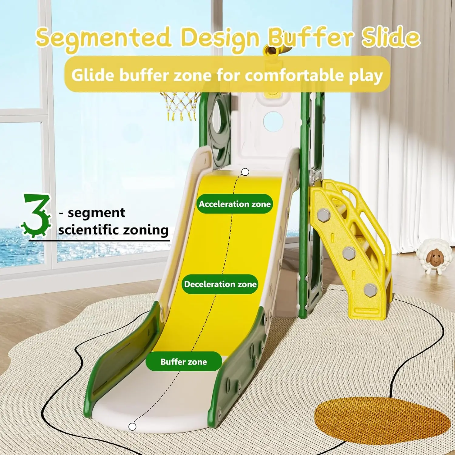 Slide for Toddlers Age 1-3, Extra-Long Slide with Basketball Hoop Indoor and Outdoor Baby Climber Playset Playgro