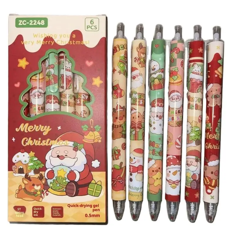 

New 6Pcs Christmas Cartoon Pocket Pen Black Ink Quick Drying Cute Neutral Pen Student Kids School Writing Stationery Supplies