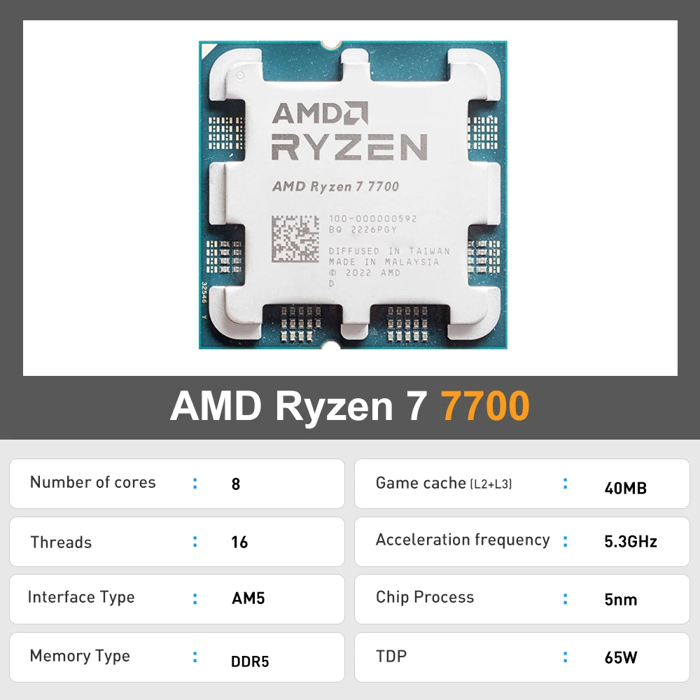 Processador AMD Ryzen 7 7700, R7 7700, 3,8 GHz, 8 núcleos, 16 threads, 5NM, Soquete L3 = 32M, AM5 sem FanThreads, Novo