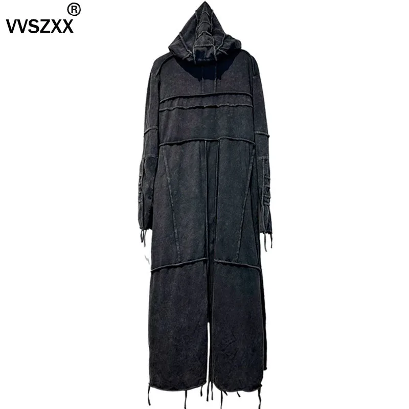 Waste Soil Dune Style Washed Distressed Hooded Cape Coat Stereoscopic Cropping Long Sleeved T-shirt Windbreaker Men