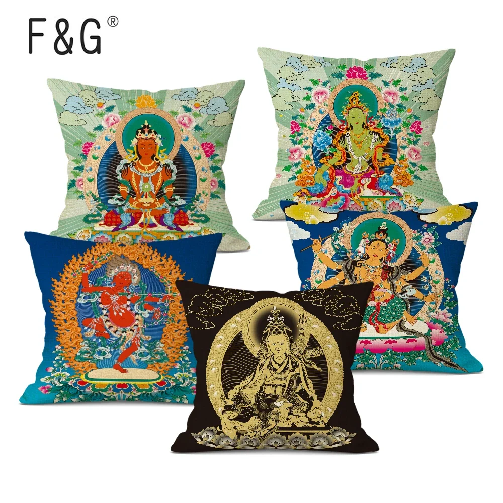 Thang-ga Painting Art Decorative Cushion Cover Religious Buddha Statue Printed Pillow Case Sofa Home Decor Linen Pillow Cover