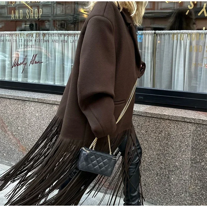 Modischer Damenmantel mit Quastensaum für Herbst und Winter, Umlegekragen, Langarm, Damen-Überziehmantel 2026, Braun, High-Street-Damenoberbekleidung – Detail 11